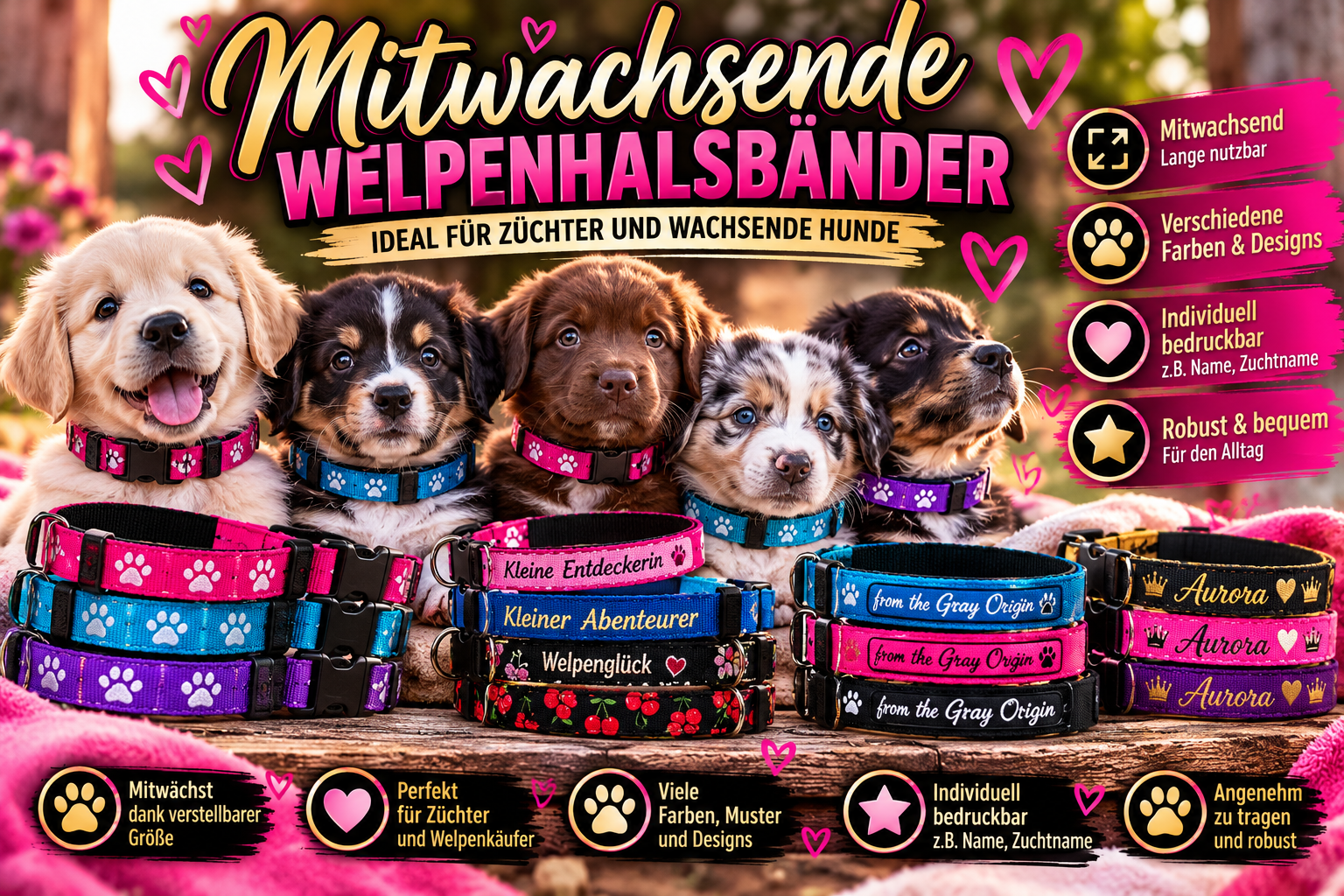 Welpenhalsbänder – mitwachsend & personalisierbar