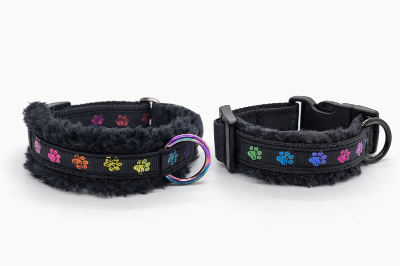 Weiches Hundehalsband mit Wellnessfleece & bunten Pfötchen – für kleine Hunde