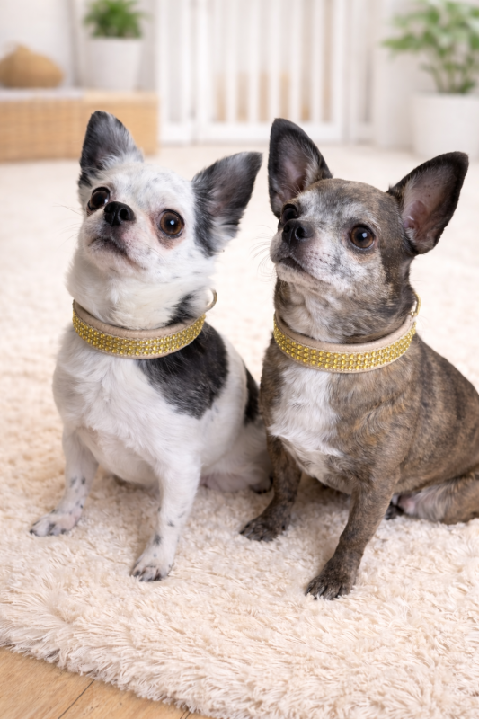 Preview: Luxus Hundehalsband Beige mit goldenem Strassoptik / Elegant & weich