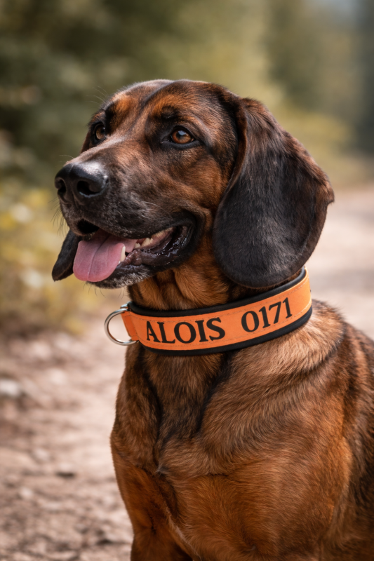 Preview: Personalisiertes Hundehalsband Orange/Schwarz – Softshell gepolstert mit Wunschtext