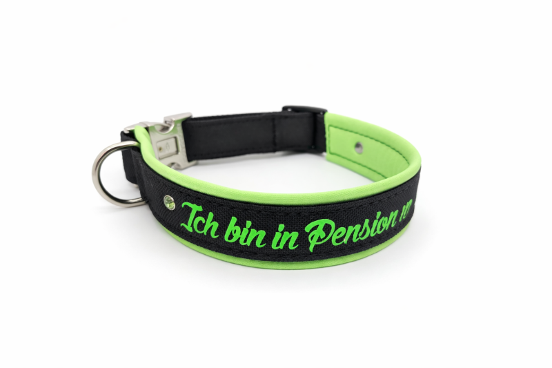 Individuelles Hundehalsband - Schwarz & Neon-Grün - Wunschtext & Softshell-Polsterung