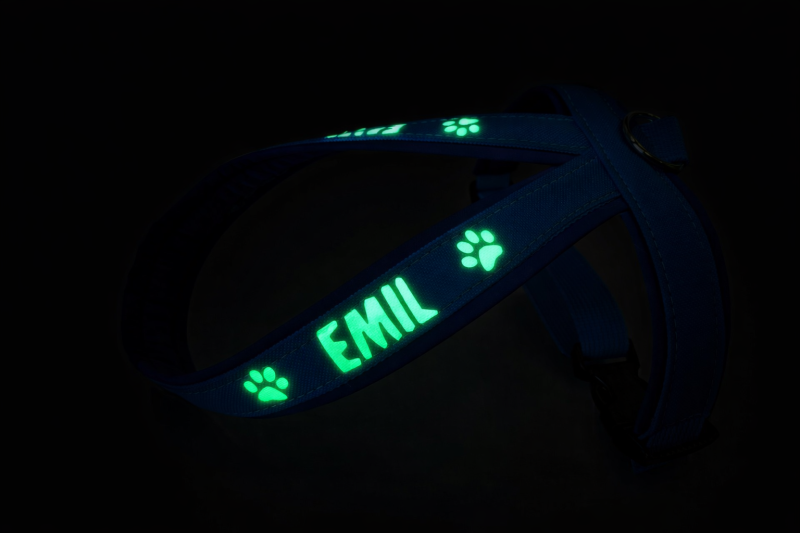 Preview: Personalisiertes Führgeschirr Glow in the Dark - gepolstert mit Softshell - Maßanfertigung für kleine Hunde