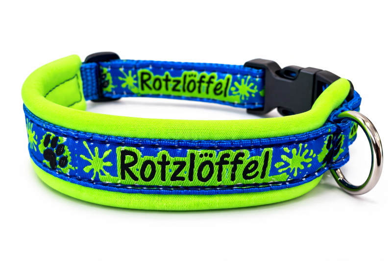Hundehalsband "Rotzlöffel" Neongrün / Royalblau - gepolstert - verstellbar - Maßanfertigung