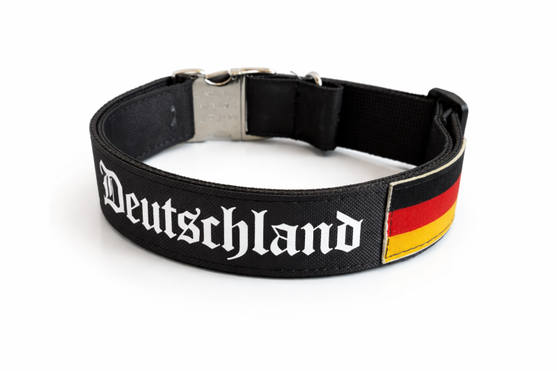 Deutschland Hundehalsband 4 cm – mitwachsend, schwarz, personalisiert, Aluminium-Klickverschluss & Edelstahl D-Ring