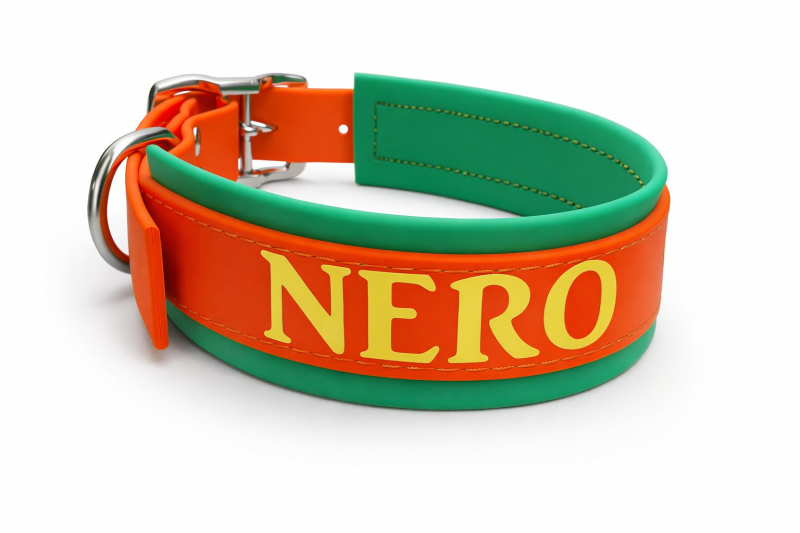 Preview: Biothane Halsband Neonorange & Neongrün – personalisiert mit Wunschtext | robust & handgefertigt