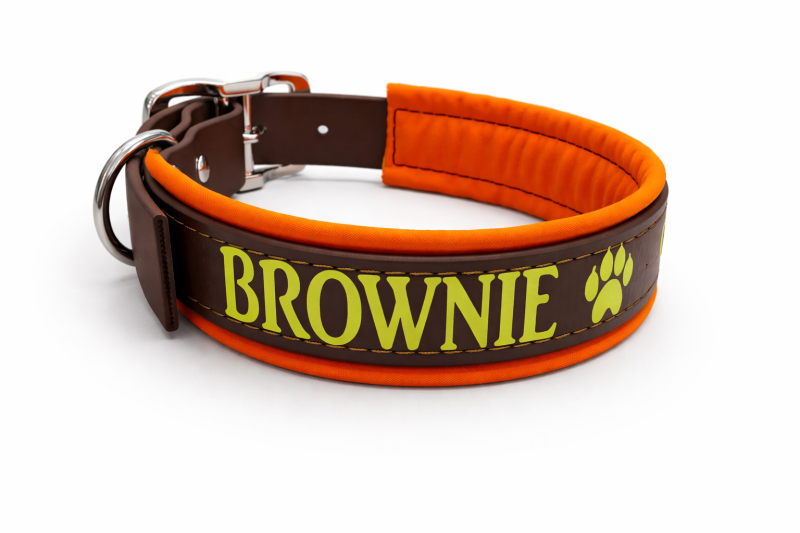 Artikelname Biothane Hundehalsband  – personalisiert | Braun-Orange mit Softshell-Polsterung