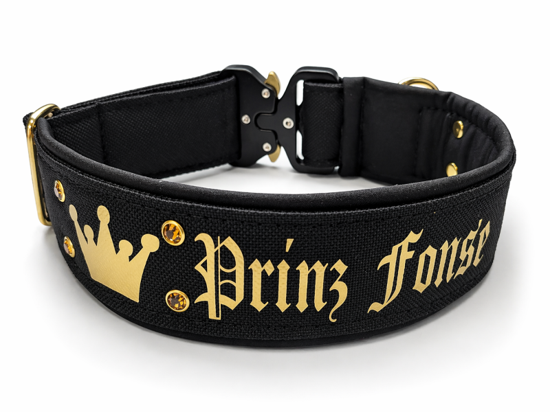 Personalisierbares Premium Hundehalsband Gold-Schwarz – gepolstert, UV-beständig & nach Maß gefertigt