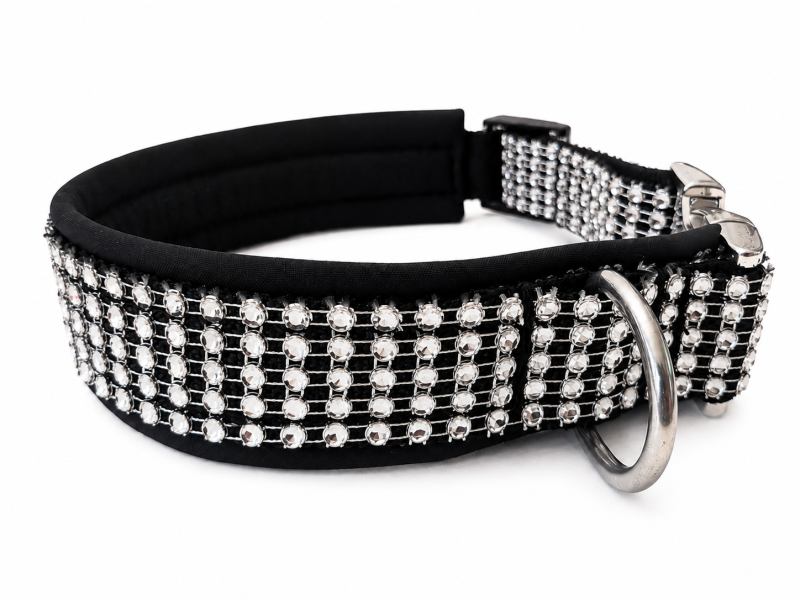 Black Diamond- Edles Hundehalsband mit silbernen Strassoptik-Gewebe