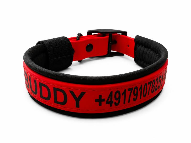 Personalisiertes Biothane Hundehalsband Rot mit Wunschtext & Telefonnummer