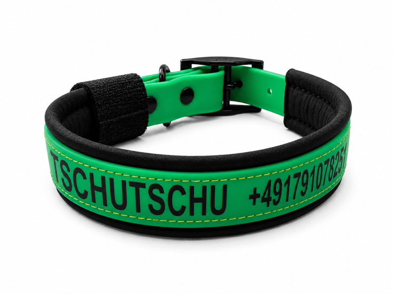 Personalisiertes Biothane Hundehalsband Grün mit Wunschtext & Telefonnummer