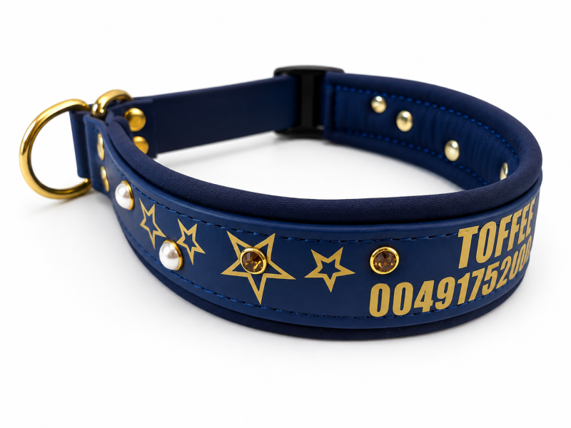 Preview: Luxus Hundehalsband mit Namen – Navy Gold 3.5cm breit