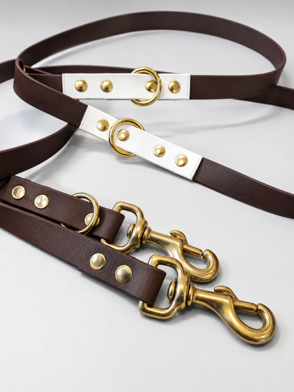 Preview: Biothane Halsband nach Maß – Wollweiß/Schokobraun mit Wunschtext & Softshell-Polsterung | Messingbeschläge