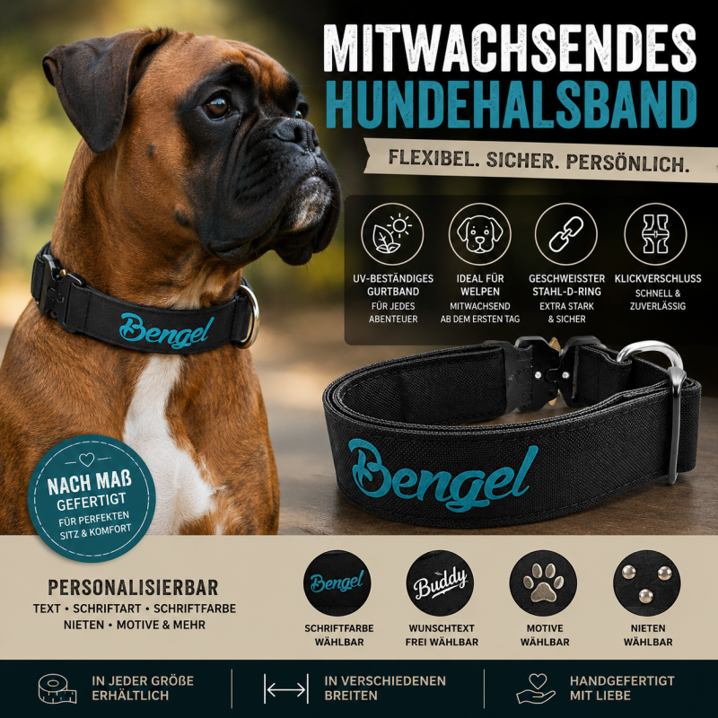 Preview: Mitwachsendes Hundehalsband Schwarz mit Wunschschrift – Breite & Schriftfarbe wählbar
