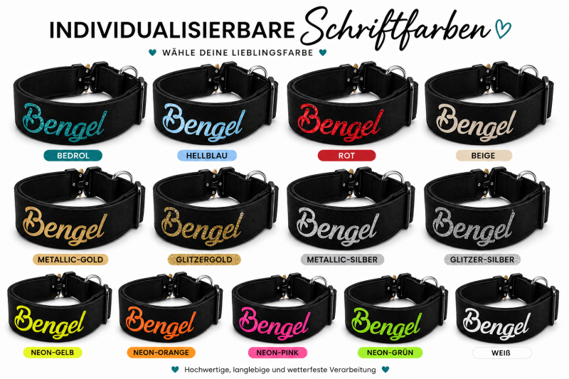 Preview: Mitwachsendes Hundehalsband Schwarz mit Wunschschrift – Breite & Schriftfarbe wählbar