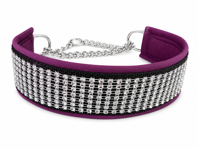 Strass-Zugstopphalsband "Berry Glam" – handgefertigt mit Softshell-Polsterung & Edelstahlbeschlägen