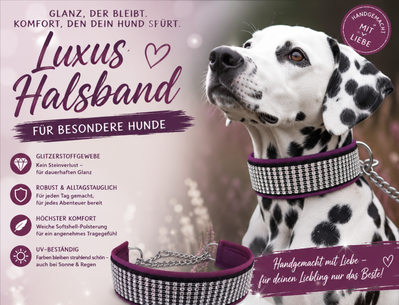 Preview: Strass-Zugstopphalsband "Berry Glam" – handgefertigt mit Softshell-Polsterung & Edelstahlbeschlägen
