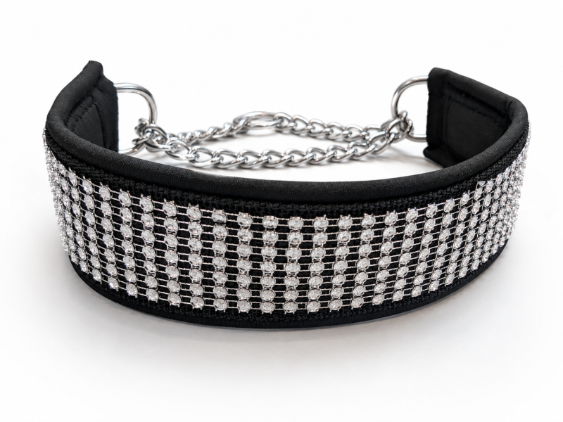 Preview: Black Diamond- Edles Hundehalsband mit silbernen Strassoptik-Gewebe