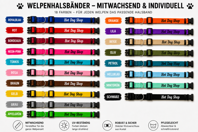 Mitwachsendes Welpenhalsband mit Wunschbeschriftung – 15 mm | Individuell | 15 Farben