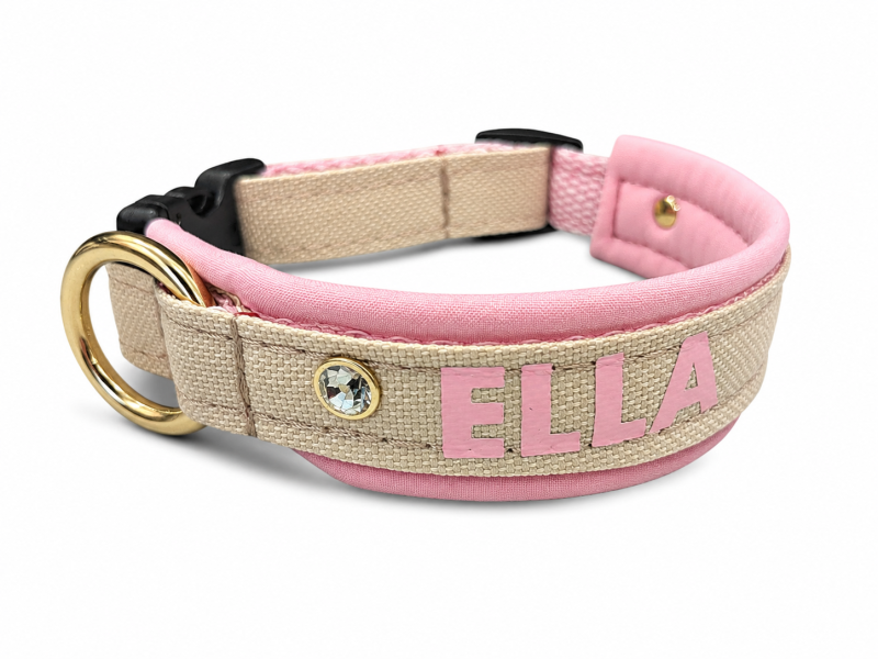 Personalisiertes Hundehalsband mit Softshell-Polsterung – Wunschtext & Messingring Gold – nach Maß gefertigt