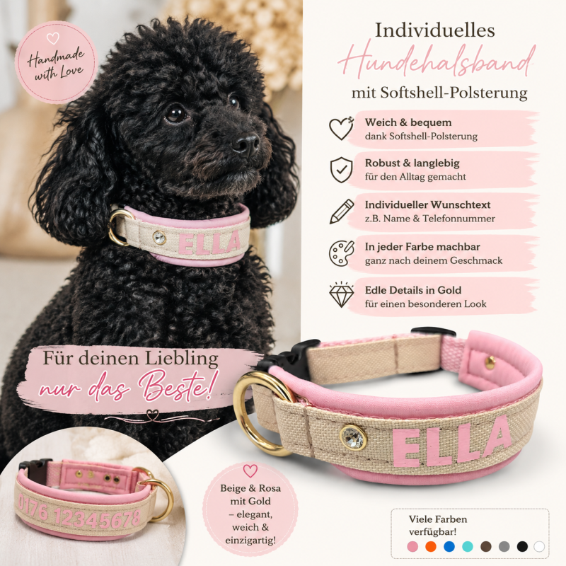 Preview: Personalisiertes Hundehalsband mit Softshell-Polsterung – Wunschtext & Messingring Gold – nach Maß gefertigt