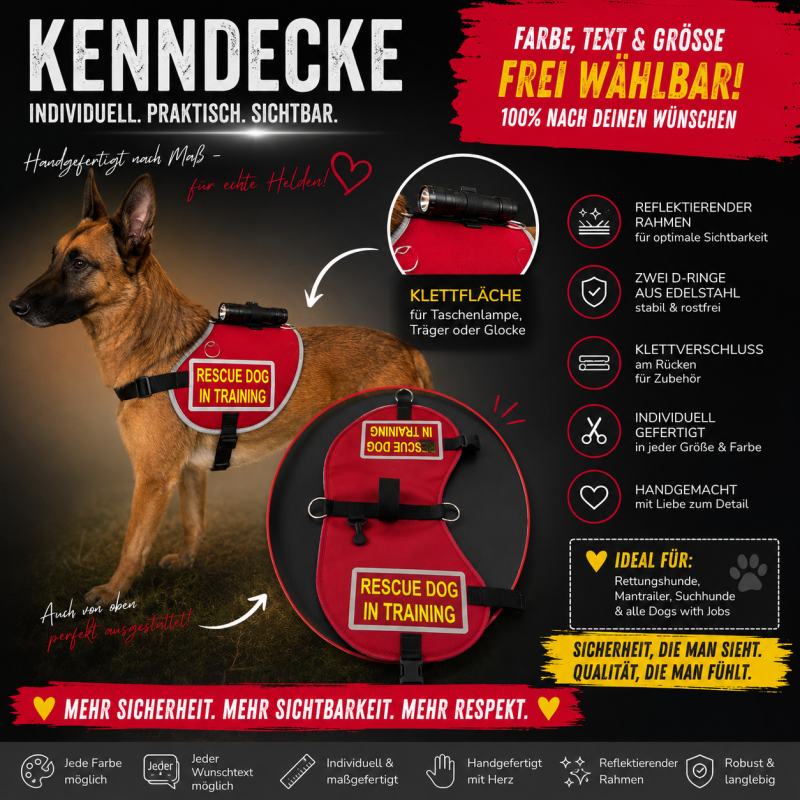 Preview: Handgefertigte Kenndecke für Hunde – individuell nach Maß | Rettungshund, Assistenzhund, Therapiehund, Diensthund & mehr