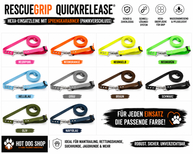 Preview: RescueGrip QuickRelease® Hexa-Einsatzleine mit Sprengkarabiner (Panikverschluss) – personalisierbar