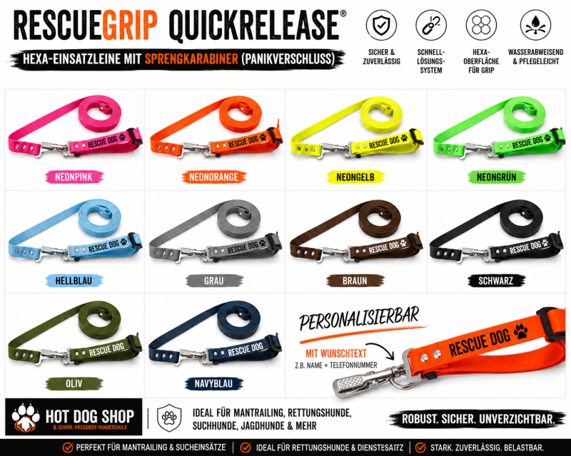 Preview: RescueGrip QuickRelease® Hexa-Einsatzleine mit Sprengkarabiner (Panikverschluss) – personalisierbar