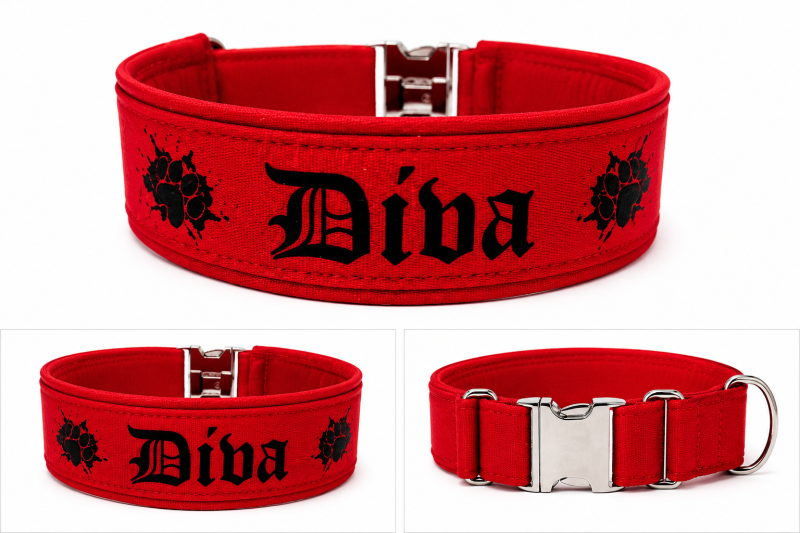 Preview: Personalisiertes Hundehalsband Rot mit Softshell-Polsterung – Maßanfertigung mit Wunschtext