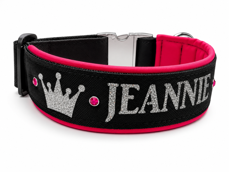 Preview: Personalisiertes Hundehalsband Neonpink & Schwarz - Mit Polsterung und Wunschtext