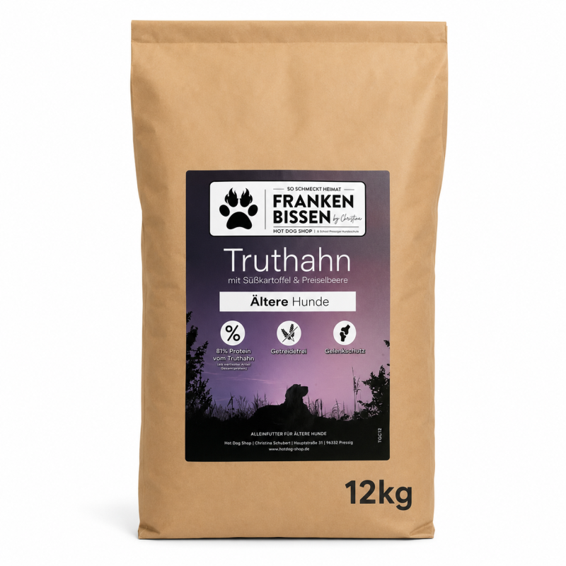 Hot Dogs Frankenbissen Senior – Truthahn mit Süßkartoffel & Preiselbeere | Getreidefreies Premium-Hundefutter für ältere Hunde 12kg