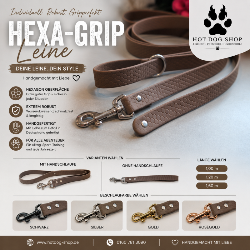 Preview: Hexa-Grip Hundeleine Braun – griffig, robust & individuell gefertigt 18mm