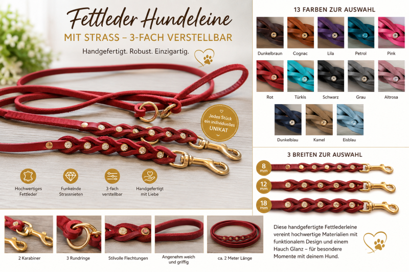 Fettleder Hundeleine mit Strass – 2 m, 3-fach verstellbar