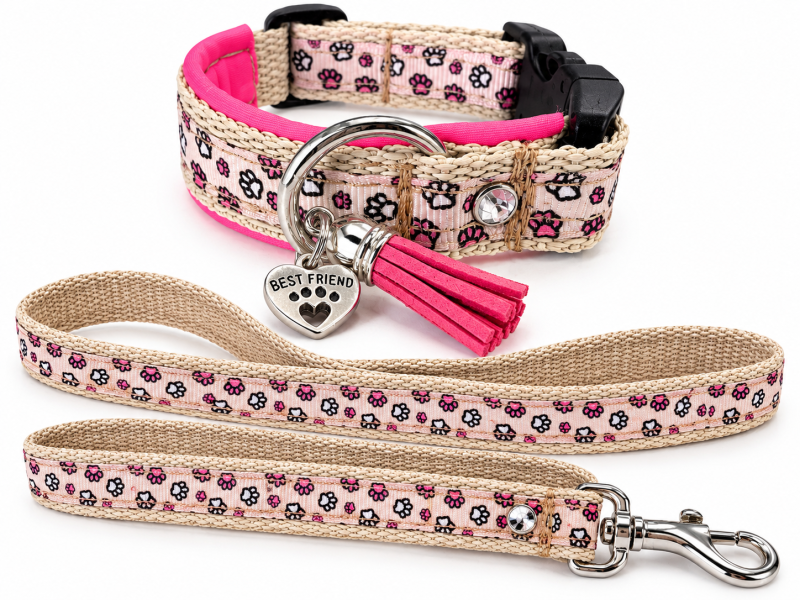 Hundehalsband „Pfötchen Pink“ – Softshell gepolstert | Maßanfertigung für kleine Hunde