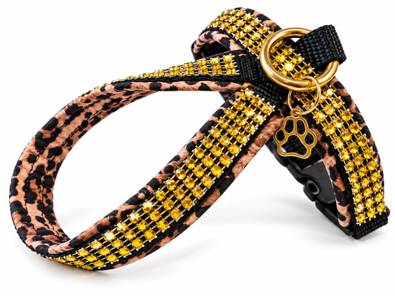 Preview: Hundegeschirr Leoparden-Look mit Strassoprik in gold weich gepolstert