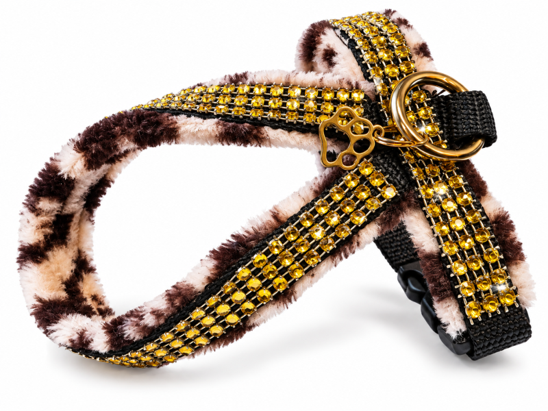 Preview: Hundegeschirr Leoparden-Look mit Strassoprik in gold weich gepolstert