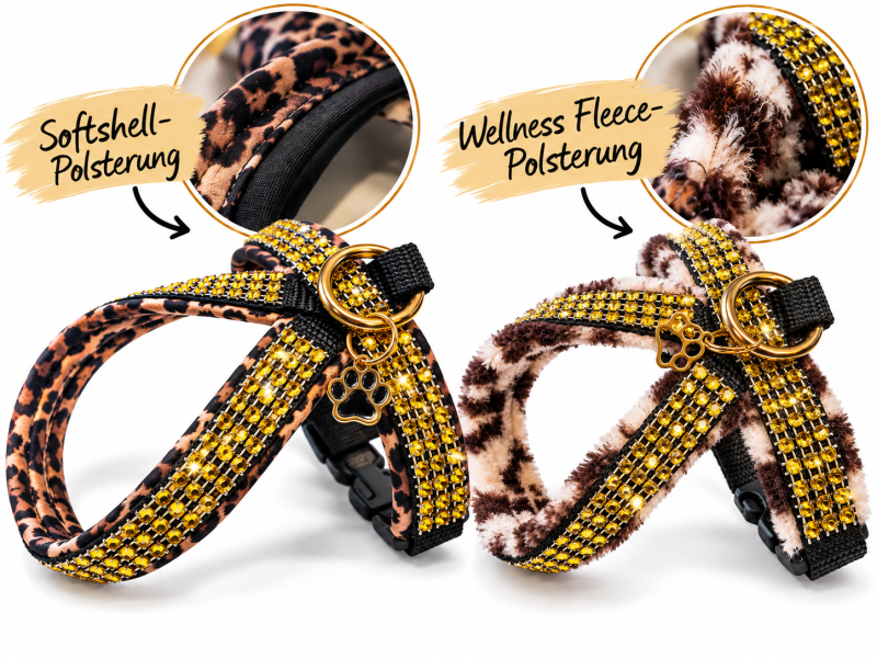 Hundegeschirr Leoparden-Look mit Strassoprik in gold weich gepolstert
