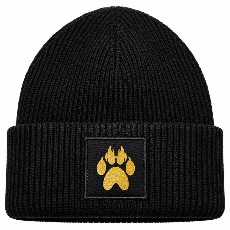 Hundemütze Beanie Schwarz mit goldener Pfote | warme Strickmütze
