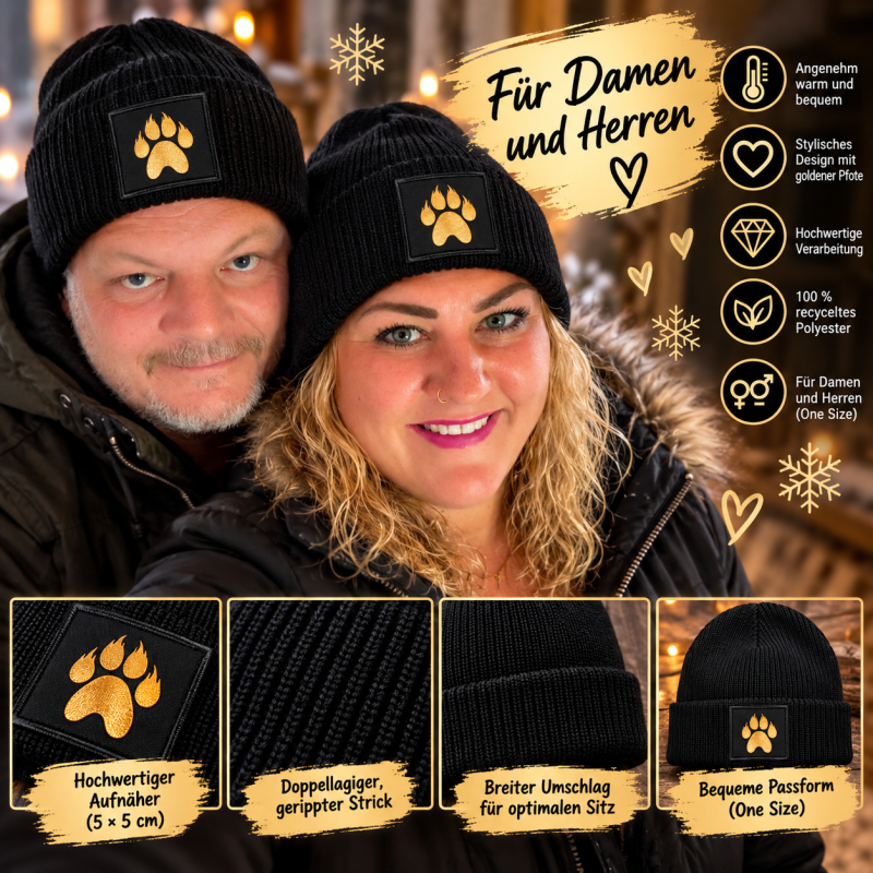 Preview: Hundemütze Beanie Schwarz mit goldener Pfote | warme Strickmütze