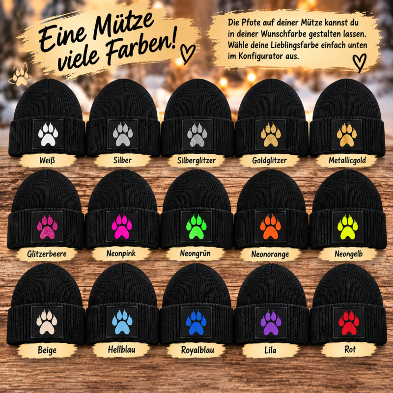 Preview: Hundemütze Beanie Schwarz mit goldener Pfote | warme Strickmütze