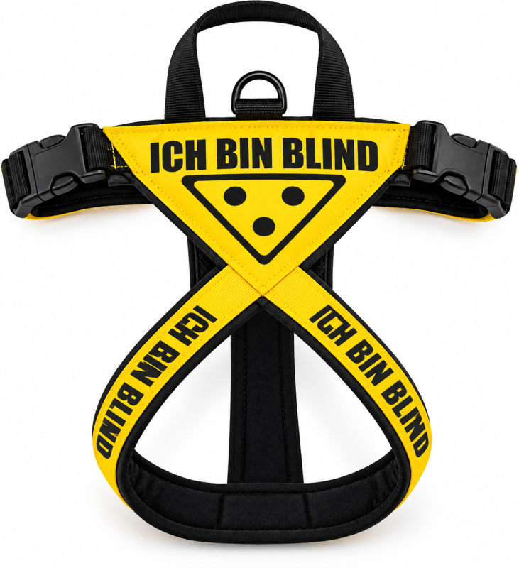 Preview: Blinder Hund -Hundegeschirr - X-Form, individuell maßgefertigt, schwarz-gelb mit Warnsymbol