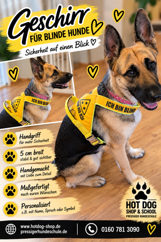 Preview: Blinder Hund -Hundegeschirr - X-Form, individuell maßgefertigt, schwarz-gelb mit Warnsymbol