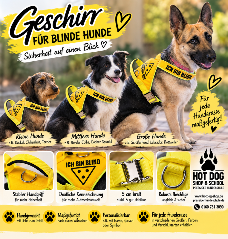 Blinder Hund -Hundegeschirr - X-Form, individuell maßgefertigt, schwarz-gelb mit Warnsymbol