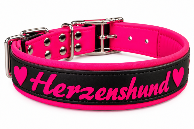 BioThane® Hundehalsband Schwarz/Neonpink – gepolstert & personalisiert mit Wunschtext