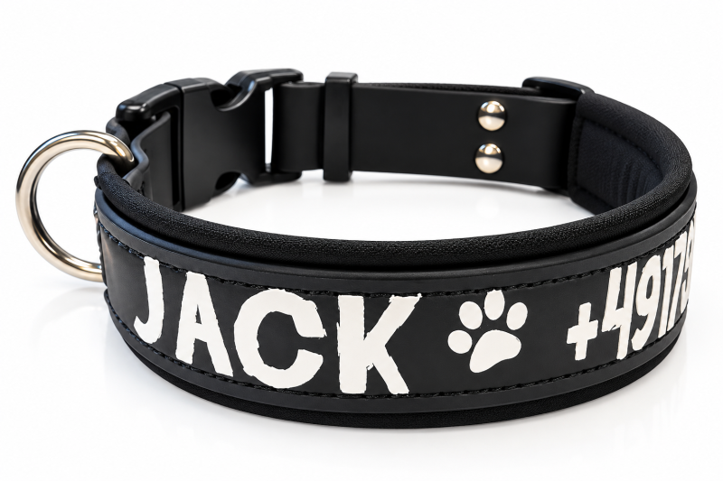 Personalisiertes Biothane Hundehalsband 3,5 cm – mit Namen & Softshell-Polsterung schwarz