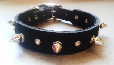 Echtlederhalsband Fettleder Hundehalsband  Lederhalsband schwarz 2,5cm breit Strass-und Killernieten