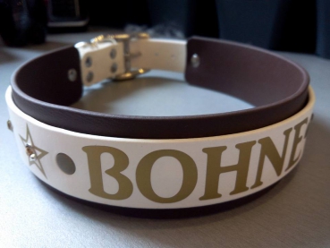 Biothane Hundehalsband, Namenshalsband mit Wunschtext braun/weiß bedruck mit Wunschtext Strasshalsband
