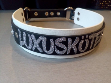 Preview: Biothane Namenshalsband weiß/schwarz mit Glitzerwunschtext und Strassnieten Wunschtext