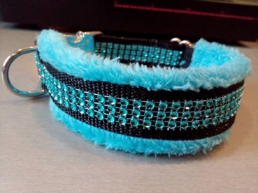 Strass Hundehalsband Strasshalsband Glitzer Halsband türkis mit Wellnessfleece Polsterung