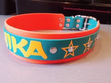 Biothane Namenshalsband orange/ türkis Strass & Stern Wunschtext Hundehalsband