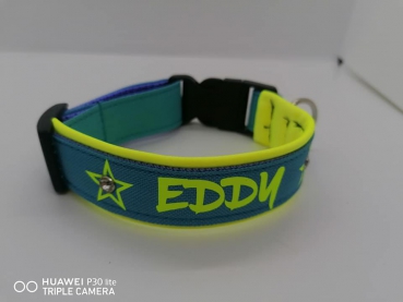 Personalisiertes Hundehalsband türkis/gelb
